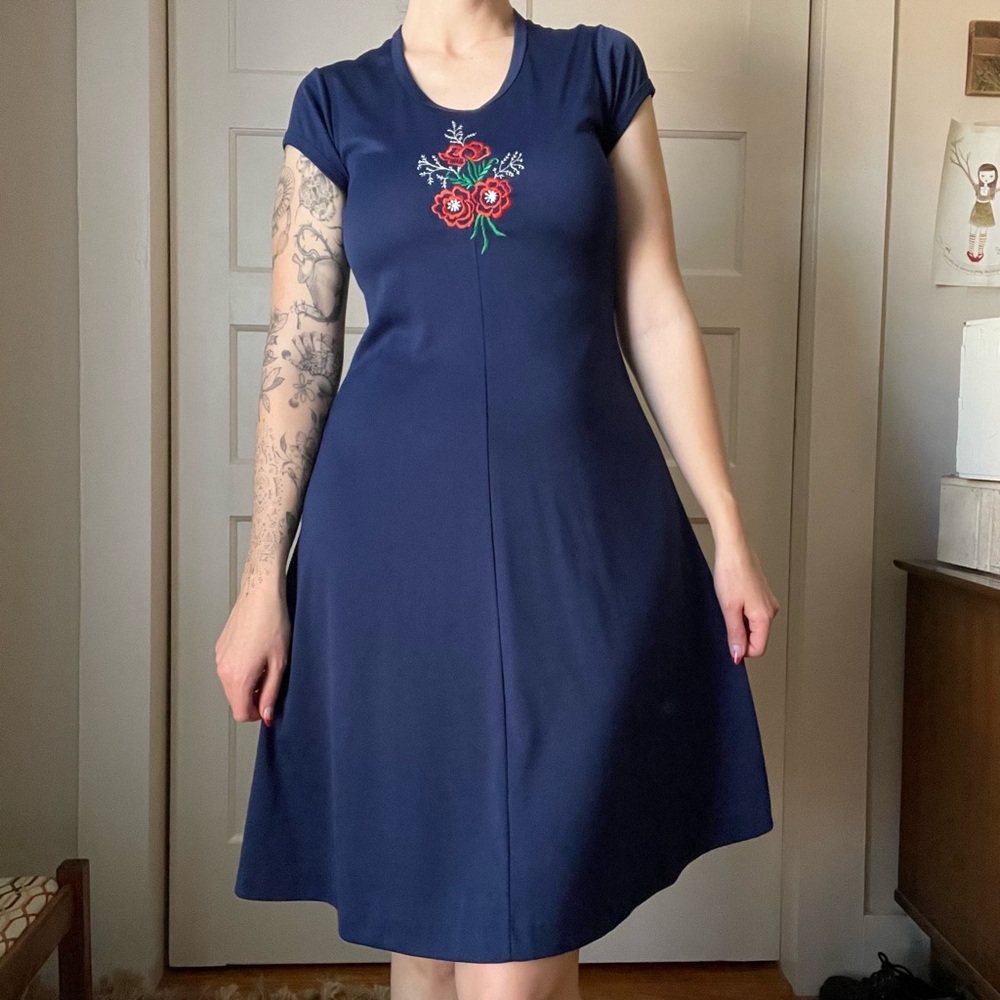 1970s Navy Dress with Embroidered Flowers